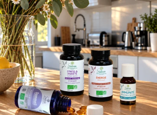 Quatre compléments alimentaires Salvia Nutrition pour le sommeil, le stress, l'énergie et l'immunité, photographiés dans une cuisine lumineuse
