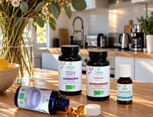 Quatre compléments alimentaires Salvia Nutrition pour le sommeil, le stress, l'énergie et l'immunité, photographiés dans une cuisine lumineuse